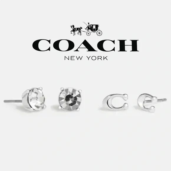 NWT Coach Signature C & Stone Stud Earrings Set - Picture 1 of 15